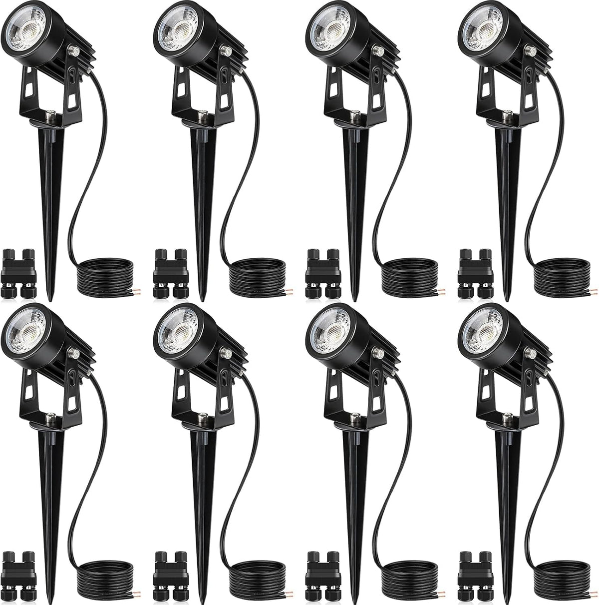 VIENE 8 DE FOCOS  UNIDADES SUNVIE 3W Iluminación LED de bajo voltaje para exteriores con conectores, resistente al agua, luz blanca cálida de 3000K, ideal para patio, jardín, casa, árbol o pared (paquete de 8).