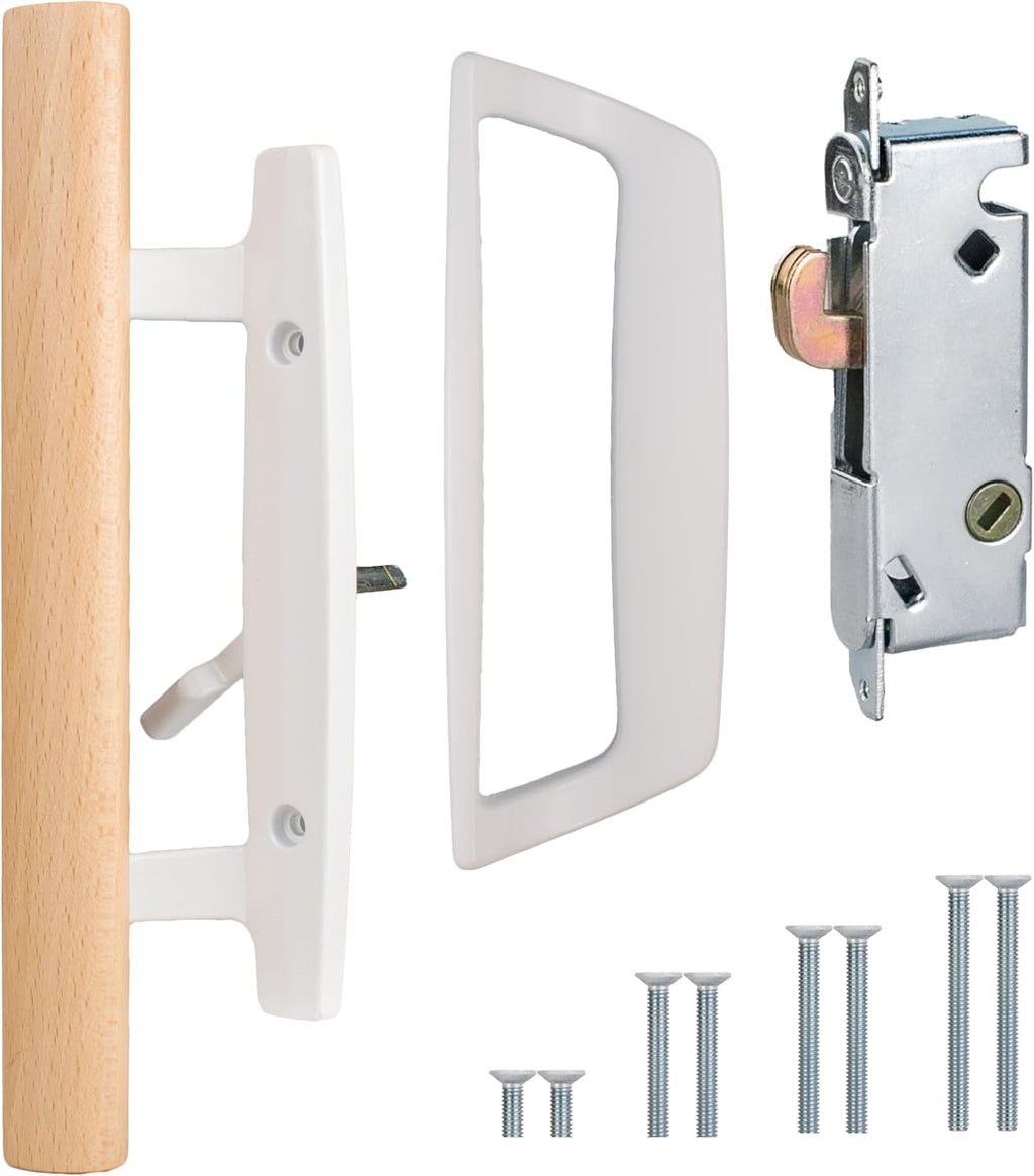 Juego de manijas para puerta corrediza de patio MustGood, manija empotrada de madera de roble, se adapta a un espaciado de orificios para tornillos de 3-15/16", sin llave, negro (blanco) (blanco)
