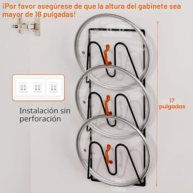 Paquete de 2 estantes organizadores de tapas de ollas, soporte para tapas de ollas de 6 niveles para puerta de gabinete/pared, adhesivo sin perforaciones, montaje en pared