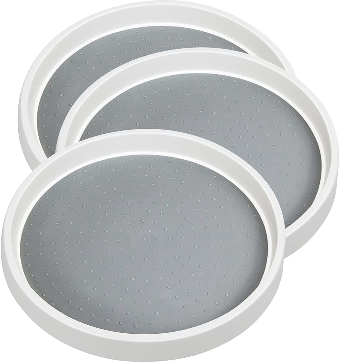 Paquete de 3 bandejas giratorias antideslizantes tipo Lazy Susan, organizador de especias redondo individual para armarios, despensa, baño y refrigerador (10 pulgadas).