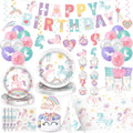 Decoración de Cumpleaños de Unicornio | Decoración de Fiesta Arcoíris para Niñas | Incluye Platos, Vasos, Servilletas, Banner, Manteles, Globos y Toppers | Para 24 Invitados