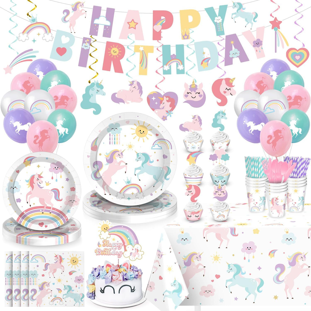 Decoración de Cumpleaños de Unicornio | Decoración de Fiesta Arcoíris para Niñas | Incluye Platos, Vasos, Servilletas, Banner, Manteles, Globos y Toppers | Para 24 Invitados