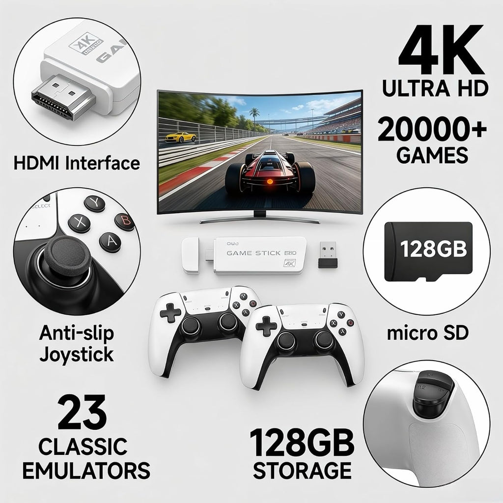 Consola Retro Gaming Pro Inalámbrica con 20,000+ Juegos, 23 Emuladores y 2 Controles 2.4G – 64GB Blanca