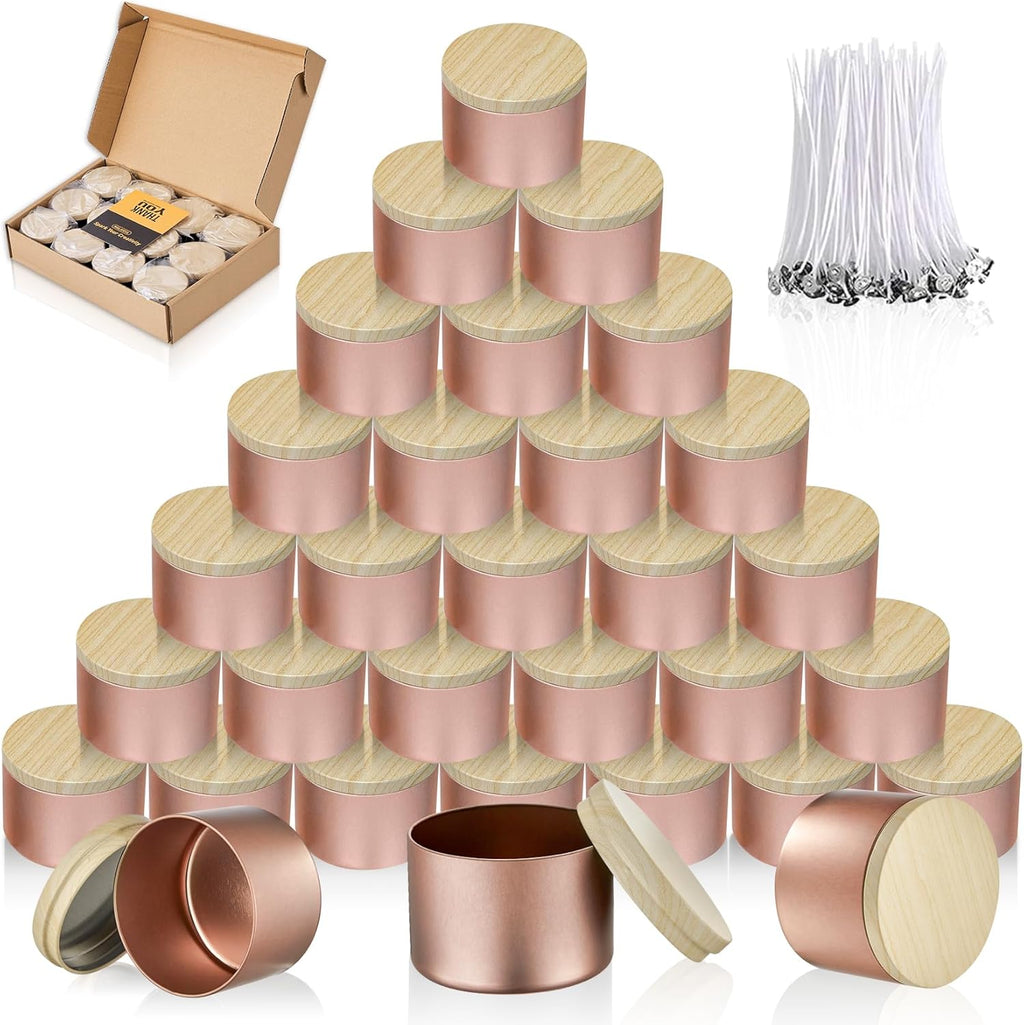 Latas para velas, frascos, recipientes para hacer velas, 4 latas vacías de 8 oz en oro rosa, caja de regalo con tapa, contenedor de cera, suministros para velas DIY, accesorios (oro rosa, 8 oz, 24 piezas) 