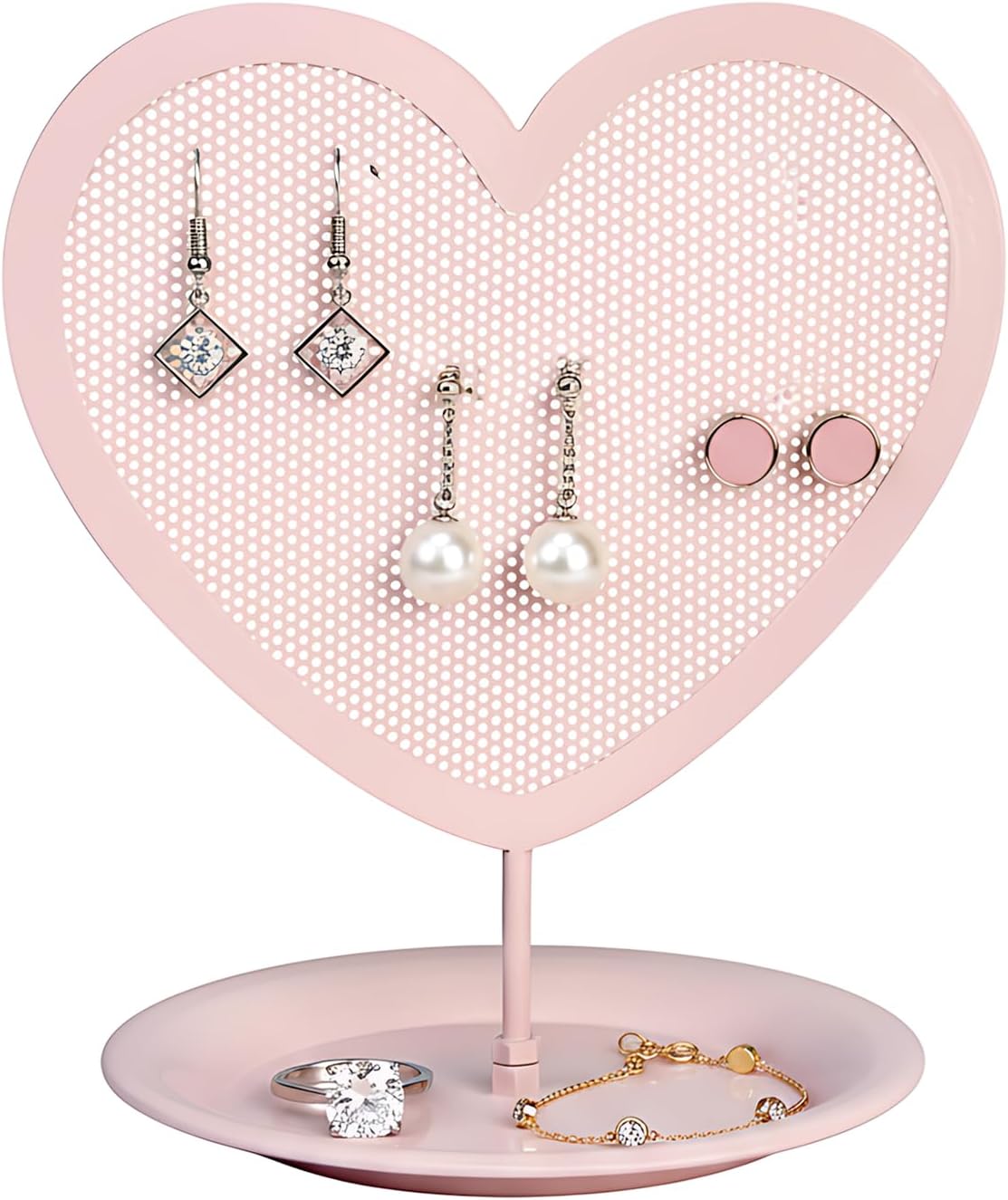 Soporte para pendientes de tocador para chicas: organizador de joyas de metal rosa en forma de corazón con bandeja para anillos y pulseras, bonito expositor para la decoración de la habitación de adolescentes.