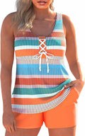 MODLILY Traje de baño tankini con cordones para mujer con bolsillo, dos piezas, camiseta sin mangas con espalda cruzada y pantalones cortos