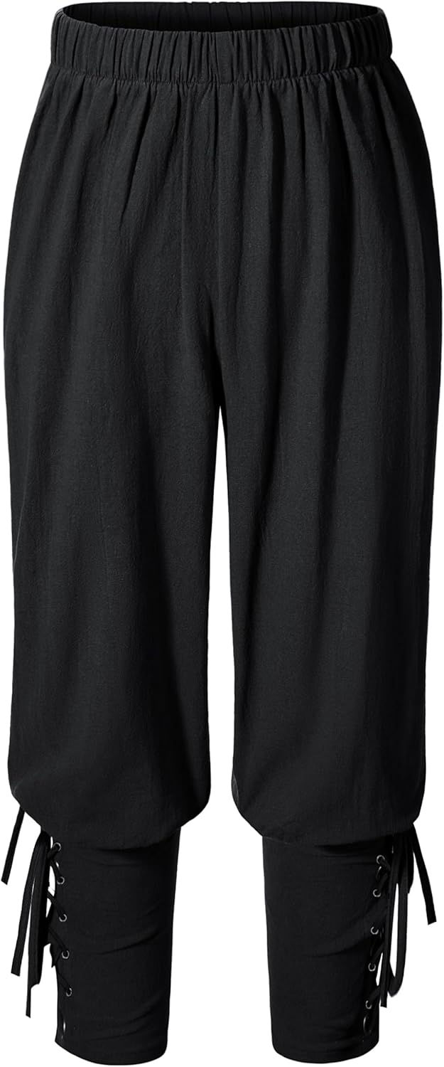 Pantalones Pirata Medieval Vikingo para Niños – Cordones y Cintura Elástica en Tobillos, Disfraz Halloween, Tallas 6-8, Negro