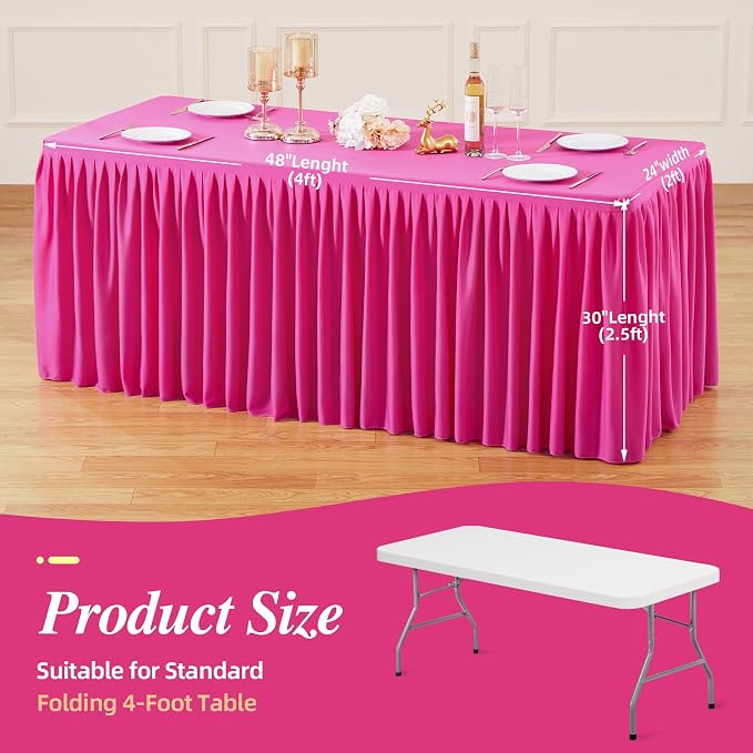 PARTISKY Mantel Rosa Intenso con Falda Plisada para Mesa Rectangular de 4 Pies – Paquete de 2 Paneles
