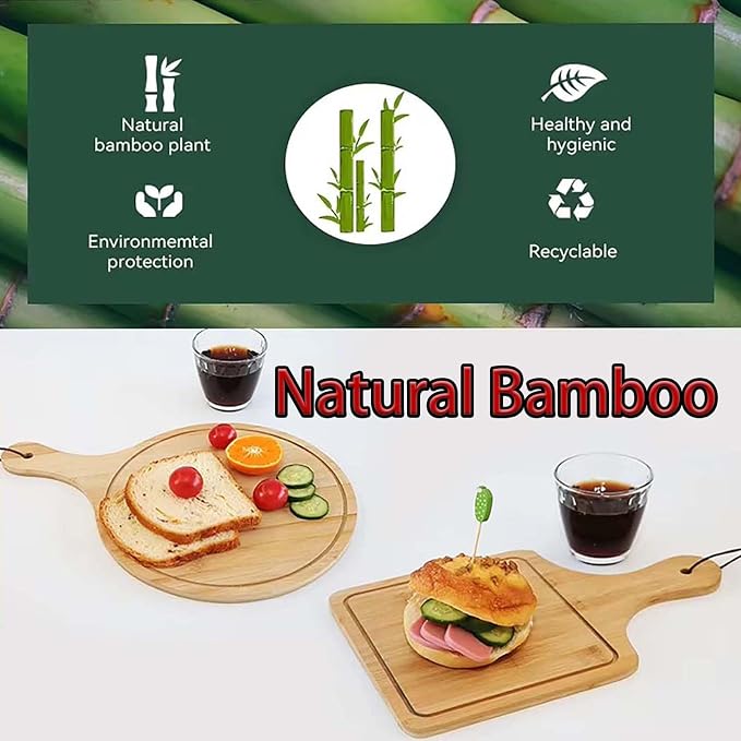 Plato de pizza de bambú, tabla para servir pizza hecha de bambú natural con guías ranuradas, asa, bandeja de madera hecha a mano para platos de pan y tapas (cuadrada grande, 1 unidad)