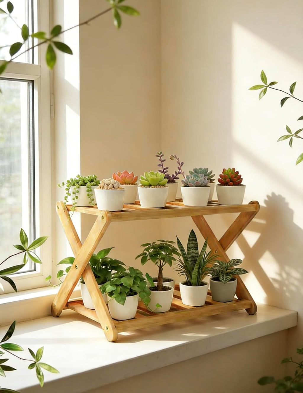 Estante para plantas de alféizar de ventana DCAEKUX, soporte de escritorio de 2 niveles para plantas de interior, soporte de exhibición de madera para cactus y suculentas, especiero de encimera, estante para cupcakes