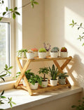 Estante para plantas de alféizar de ventana DCAEKUX, soporte de escritorio de 2 niveles para plantas de interior, soporte de exhibición de madera para cactus y suculentas, especiero de encimera, estante para cupcakes