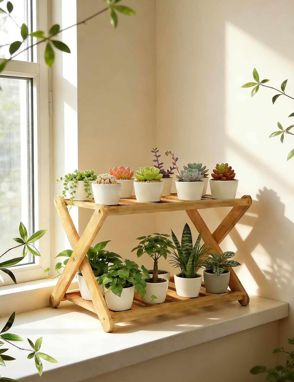 Estante para plantas de alféizar de ventana DCAEKUX, soporte de escritorio de 2 niveles para plantas de interior, soporte de exhibición de madera para cactus y suculentas, especiero de encimera, estante para cupcakes
