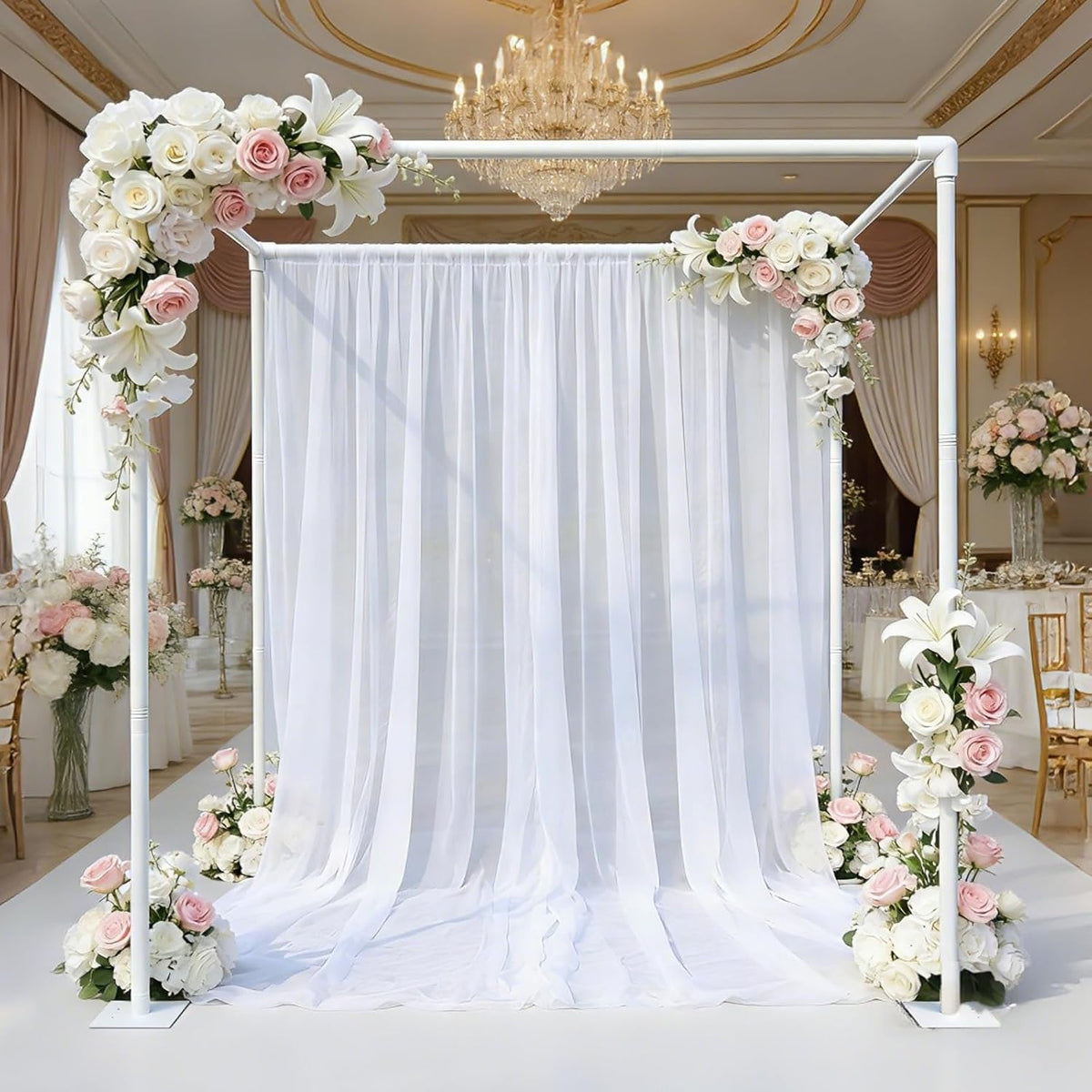 Soporte para fondo blanco Beyeutao con bases ajustables, kit de marco de tubo y cortina para fondo de 7.2 pies, soporte cuadrado para fondo de metal, marco de arco para bodas, aniversarios, fiestas de cumpleaños y decoración de eventos.