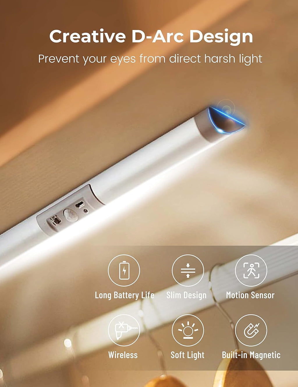 Paquete de 2 lámparas con perlas LED para clóset, sensor de movimiento, diseño de protección ocular para iluminación inalámbrica debajo de gabinete, luz nocturna recargable para armarios y despensas