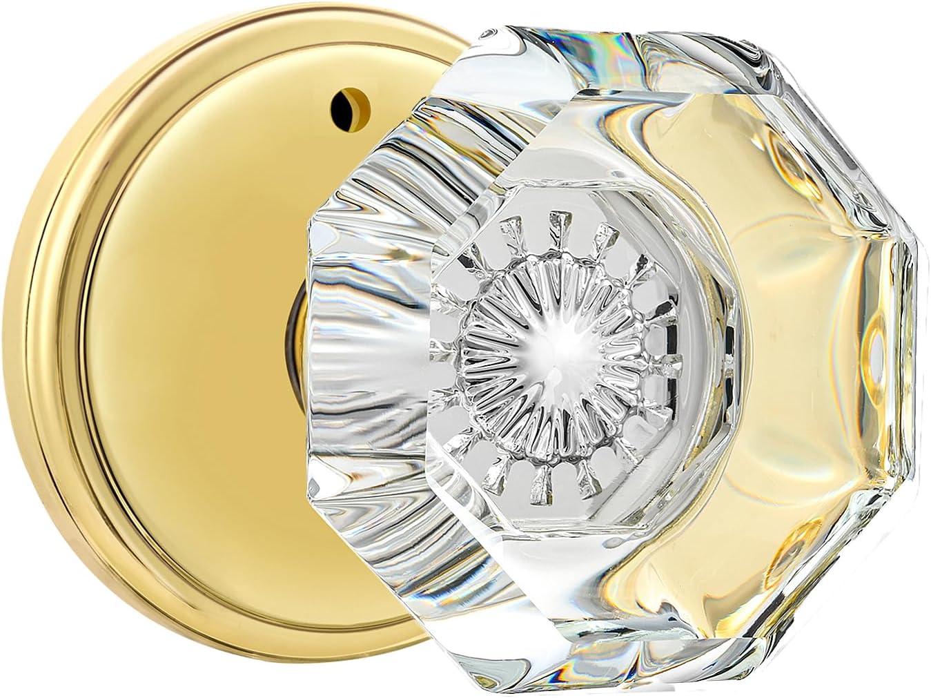 CLCTK Privacy Crystal Glass Door Knobs Interior with Lock, Modern Octagon Door Knobs for Bedroom/Bathroom, Gold/Polished Brass