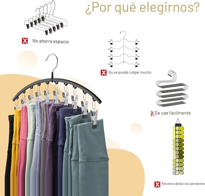 Volnamal Organizador de leggings para armario, perchas de metal para pantalones de yoga, paquete de 2 con 10 clips con capacidad para 20 leggings, organizador de armario colgante que ahorra espacio