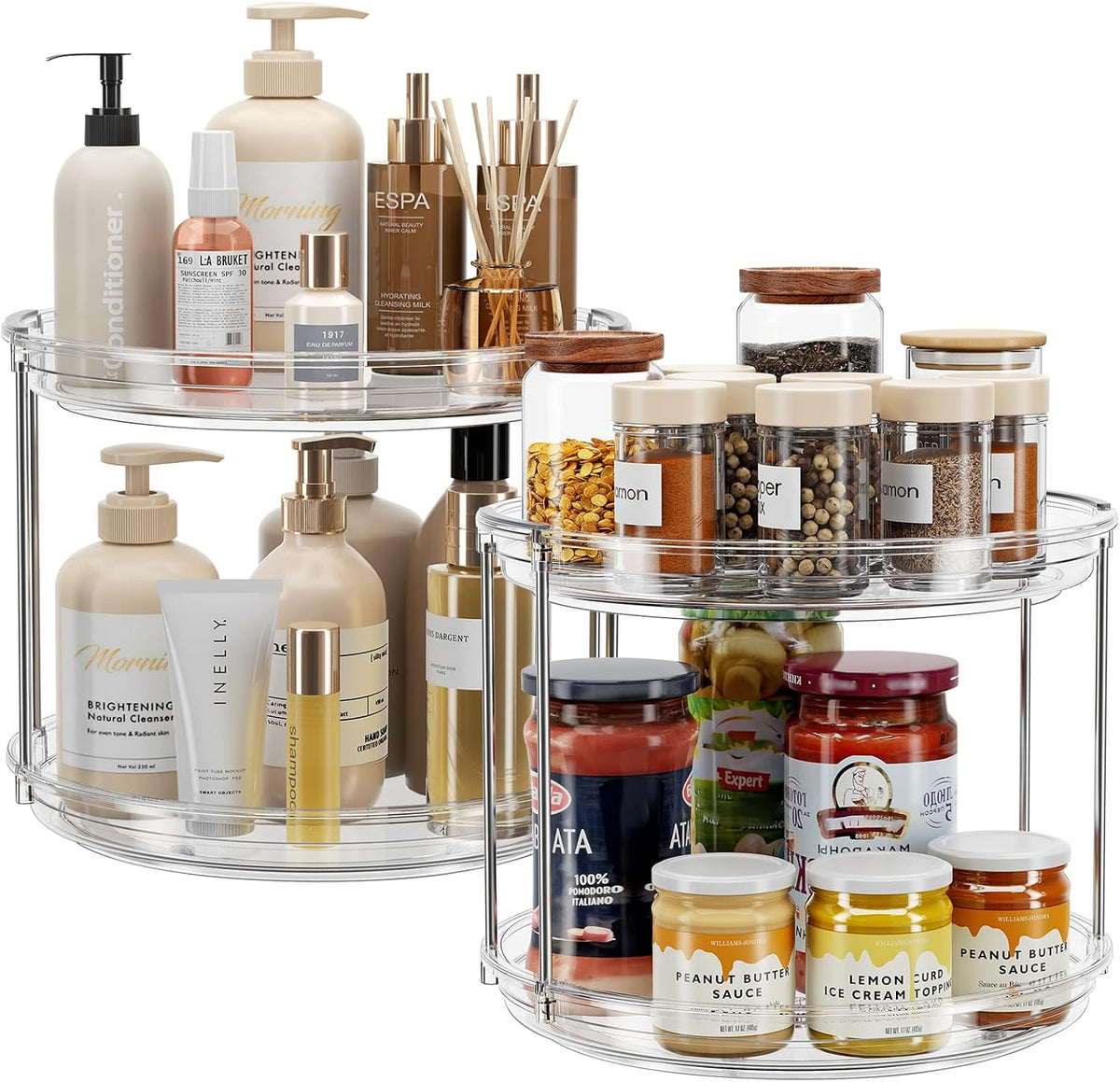 LAMU Paquete de 2 organizadores giratorios de 2 niveles tipo Lazy Susan de 9.25'' para especias, ideales para armarios, cocinas, despensas, encimeras, baños, tocadores y botiquines. Color transparente.