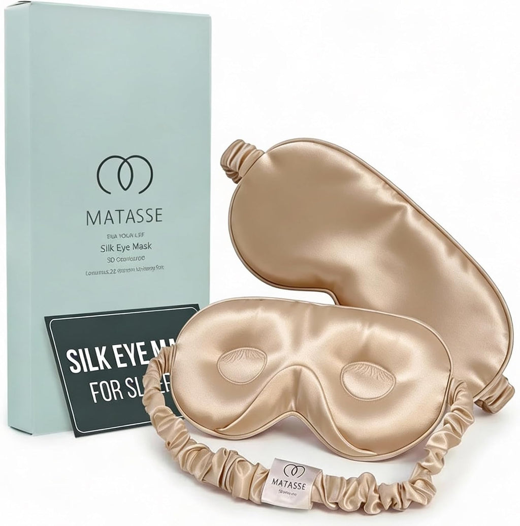 MATASSE Antifaz para dormir 100% seda de morera, 22 momme, grado 6A - Antifaz contorneado 3D para dormir, copas oculares de 14 mm de profundidad, antifaz opaco total para hombres y mujeres, correa ajustable, para quienes duermen de lado (Champagne)