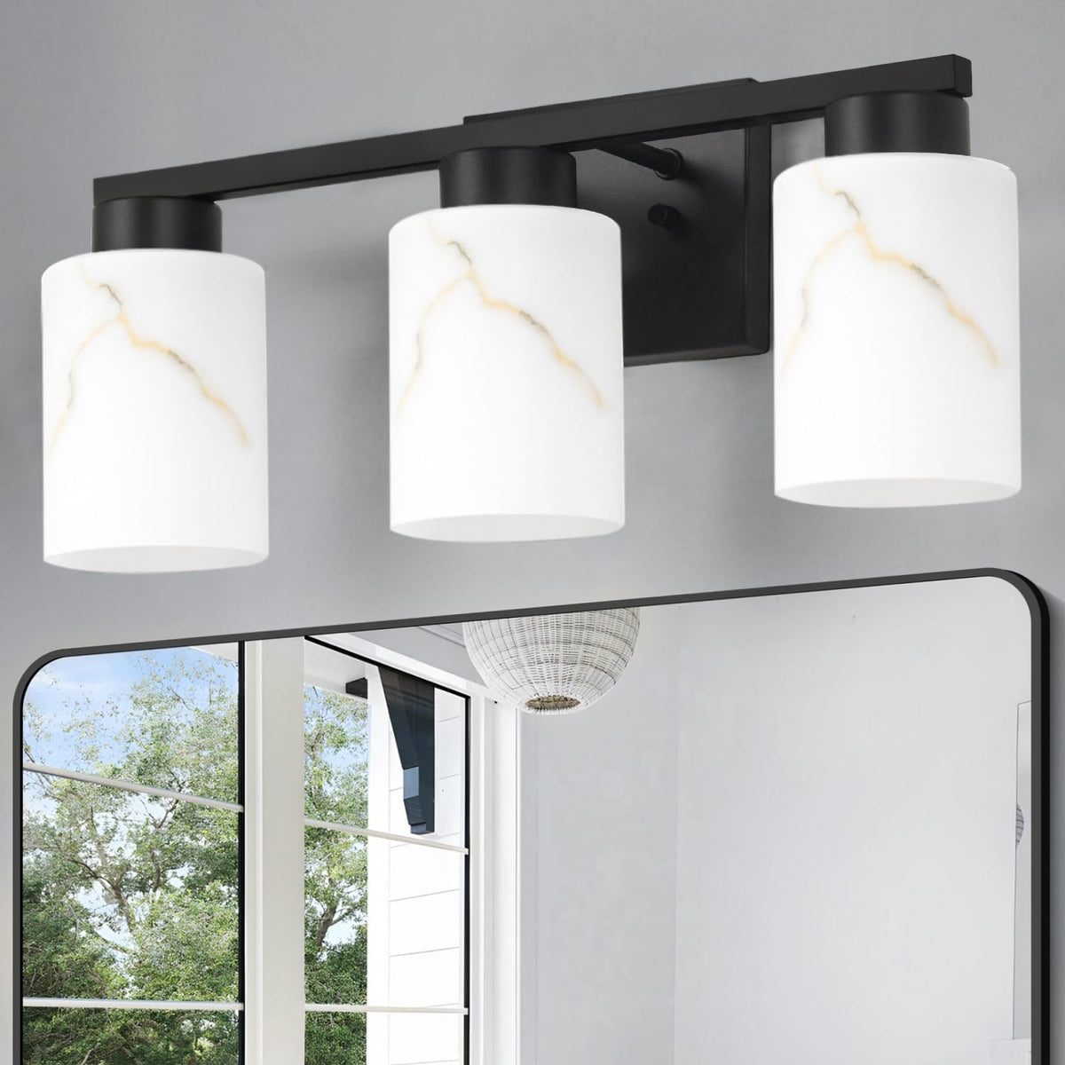 Lámpara de Baño Mieloxiy de 3 Luces | Tocador Moderno de Metal Negro con Vidrio Artesanal | Para Baño, Espejo, Sala y Pasillo | Base E26
