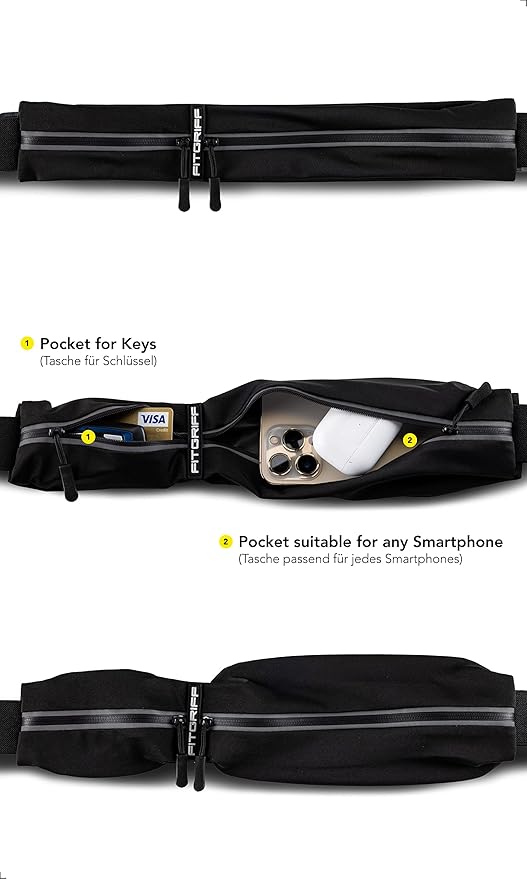 Cinturón deportivo Fitgriff® para hombre y mujer: bolsa segura para llevar el teléfono, las llaves y otros objetos esenciales durante el ejercicio. Compatible con todos los teléfonos móviles (negro, talla de cintura: 85-120 cm).