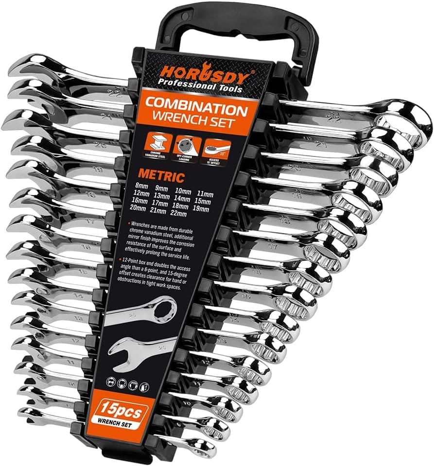 USADO Y FALTA UNA PIEZA-HORUSDY Set de 15 Llaves Metricas Combinadas 8-22mm | Maximo Torque, 12 Puntos, Acero Cromo Vanadio | con Soporte de Almacenamiento