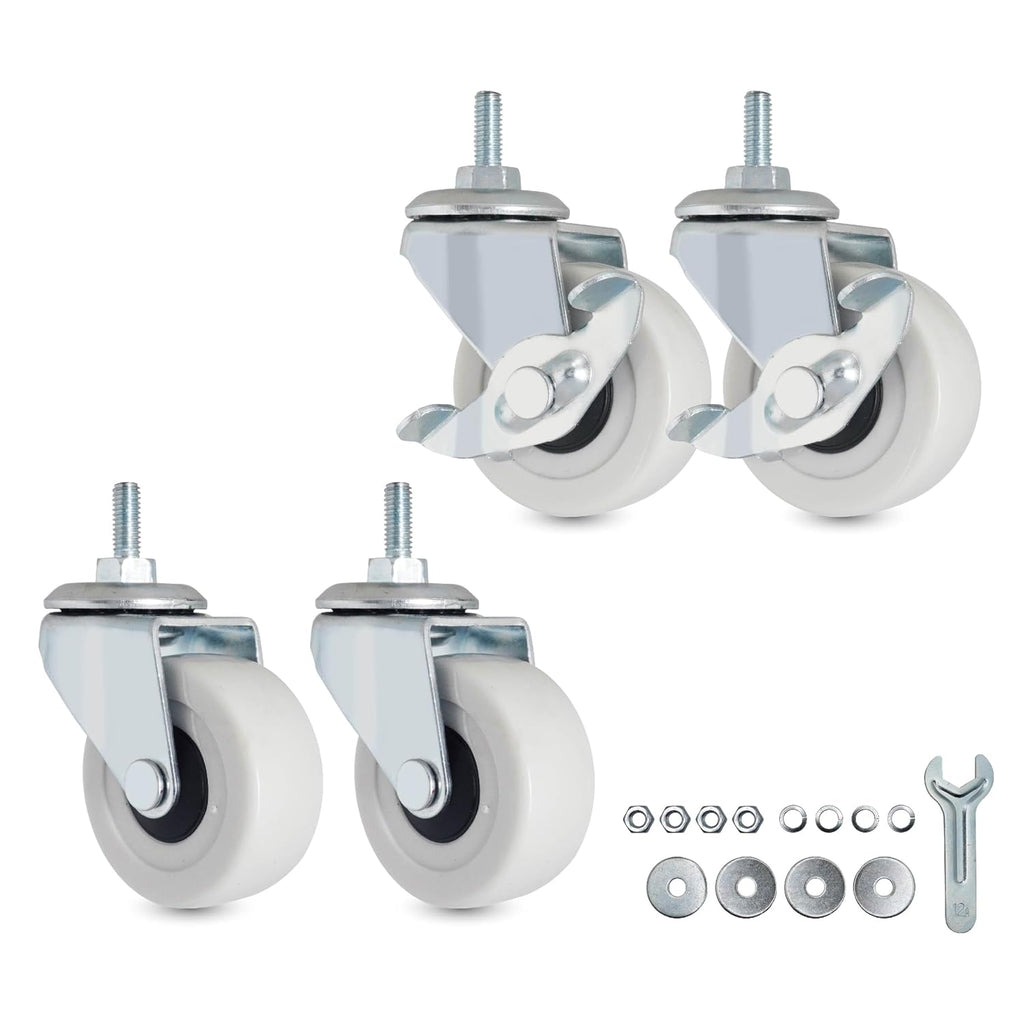 Ruedas Giratorias con Vastago Roscado M6-1.0 | 2 Pulgadas PVC Silenciosas | M6 x 15mm | Juego de 4 (2 con Freno, 2 Giratorias) para Estantes y Carritos