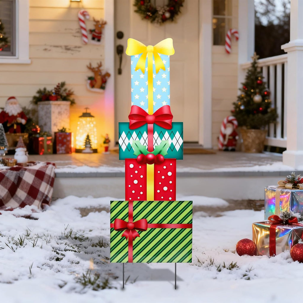 Bshine Outdoor Christmas Yard Stakes with LED Lighted, Christmas Metal Stakes Santa Claus on Sleigh with Reindeer Deer Sign for Xmas Holiday Party Lawn Sign Garden Decor