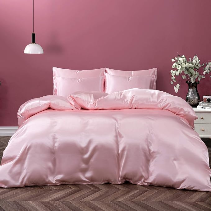 Pothuiny Juego de funda de edredón de satén de 5 piezas, tamaño King, juego de cama de lujo sedoso como rosa rubor con cierre de cremallera, 1 funda de edredón + 4 fundas de almohada (sin edredón)