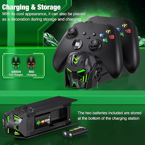 Estación de carga compatible con mandos Xbox, batería recargable de 2 x 5520 mWh para mandos Xbox One/Series X|S con base de carga dual y 4 cubiertas (controlador no incluido)