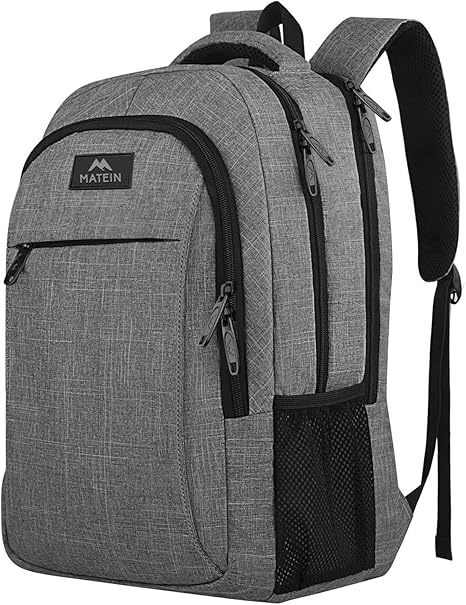 MATEIN - Mochila de viaje para laptop, mochila empresarial antirrobo, delgada, resistente, puerto de carga USB, impermeable, para universidad o escuela, para notebooks de 15.6 pulgadas, gris