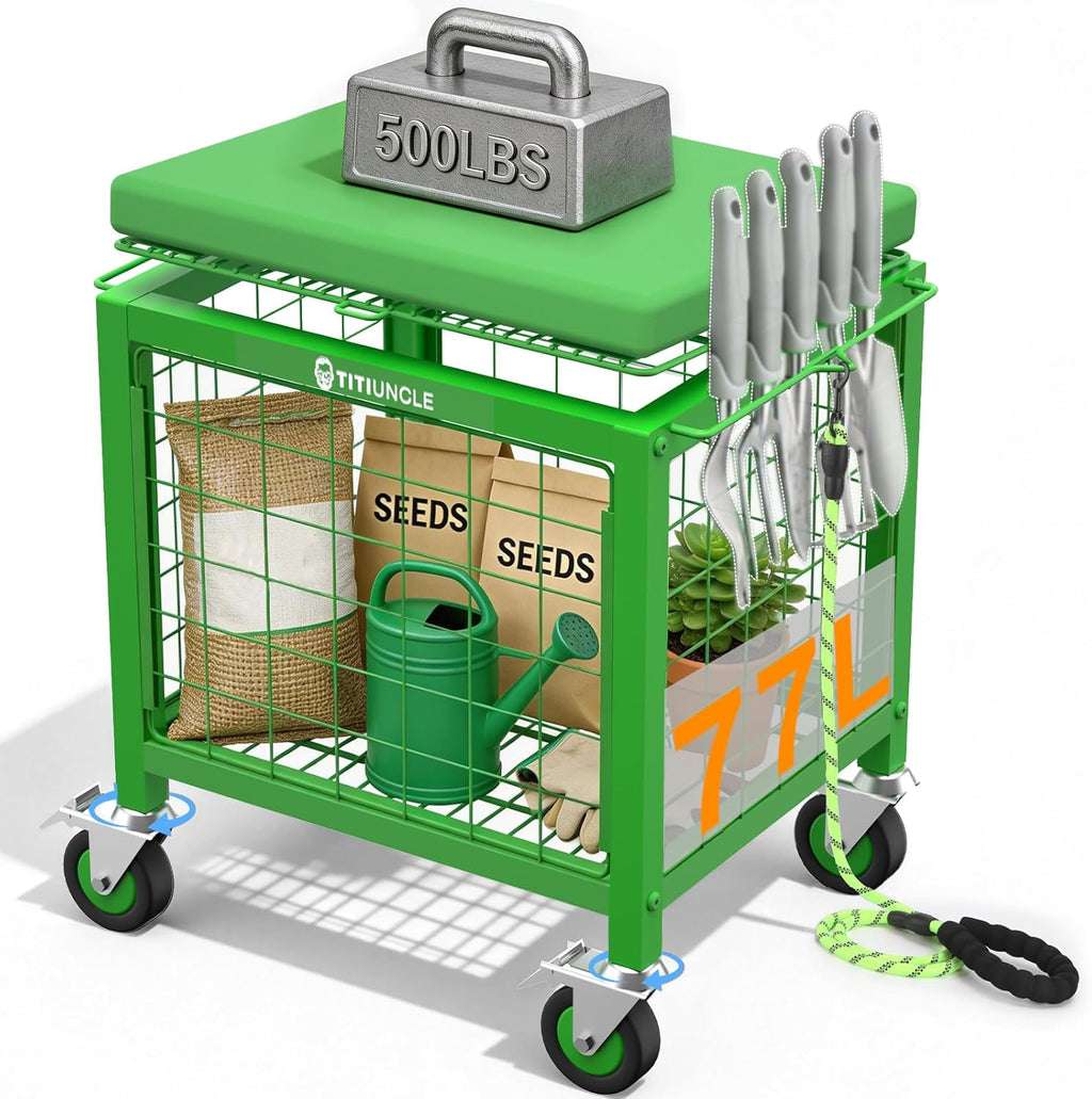 Carro de Jardin TITIUNCLE con Asiento Rodante | 500 Lbs | Banco con Ruedas | 3 en 1 | Patio Jardin Adultos Mayores