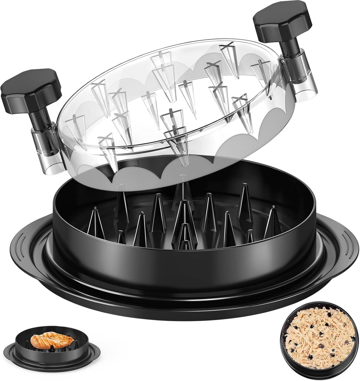 Desmenuzadora de pollo SoulLife de 20 cm, herramienta giratoria para desmenuzar pollo, desmenuzadora de pechuga de pollo, desmenuzadora de carne cocida con tapa transparente, diseño ergonómico, antideslizante, libre de BPA, fácil de limpiar (negro).