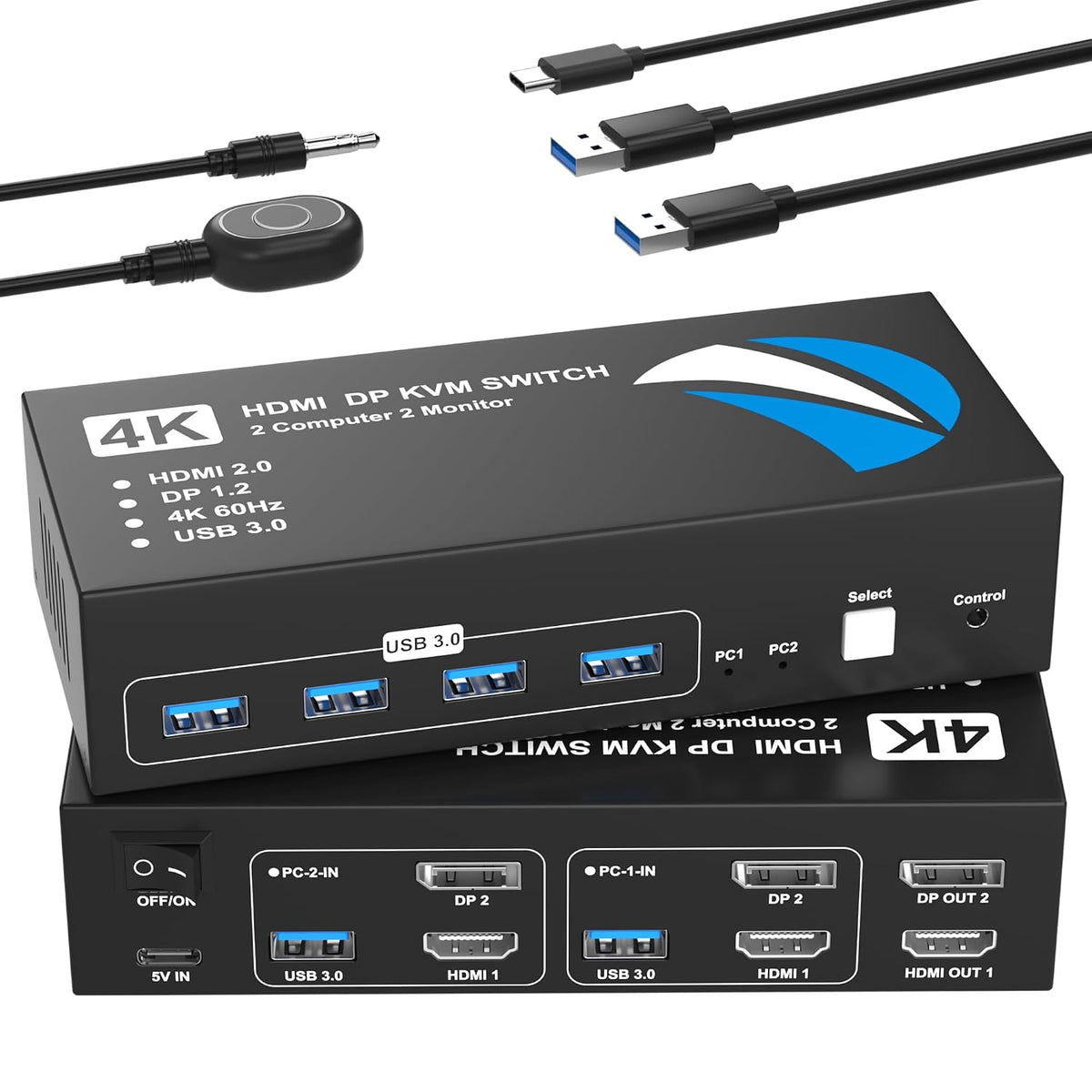 Conmutador KVM HDMI DisplayPort para 2 monitores y 2 ordenadores, 4K a 60 Hz. Conmutadores KVM HDMI DisplayPort para 2 ordenadores que comparten 2 monitores y 4 dispositivos USB para teclado, ratón, impresora y disco duro.