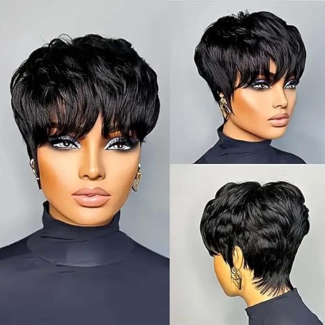 Peluca Pixie Cut Flandi — Cabello Humano Virgen Brasileño Sin Pegamento, Corte en Capas, Color 1B#