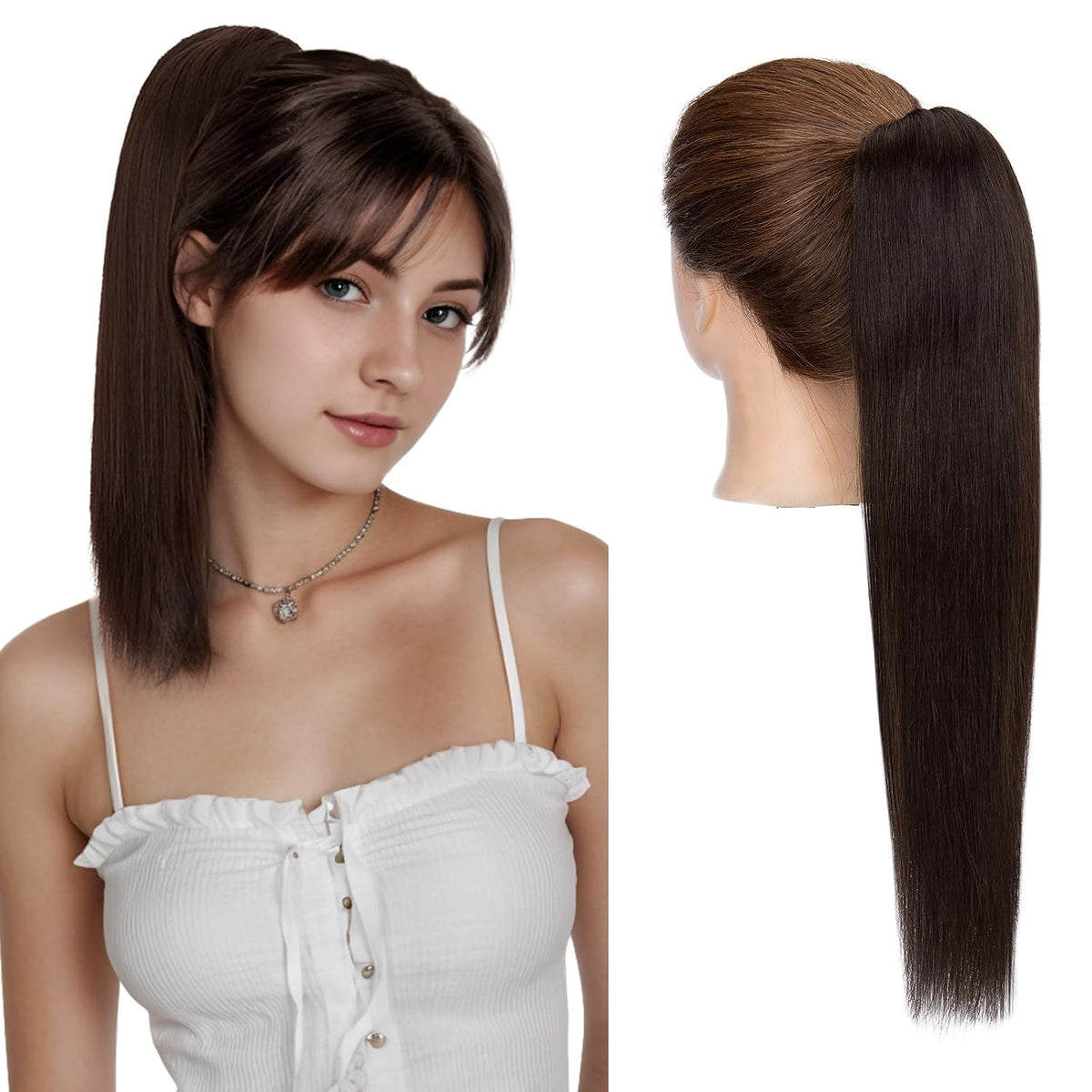 Extensión de Coleta Cabello Humano Charites 14" Marrón Oscuro – Lisa, Clip de Garra y Mandíbula, Postizo Natural para Mujer