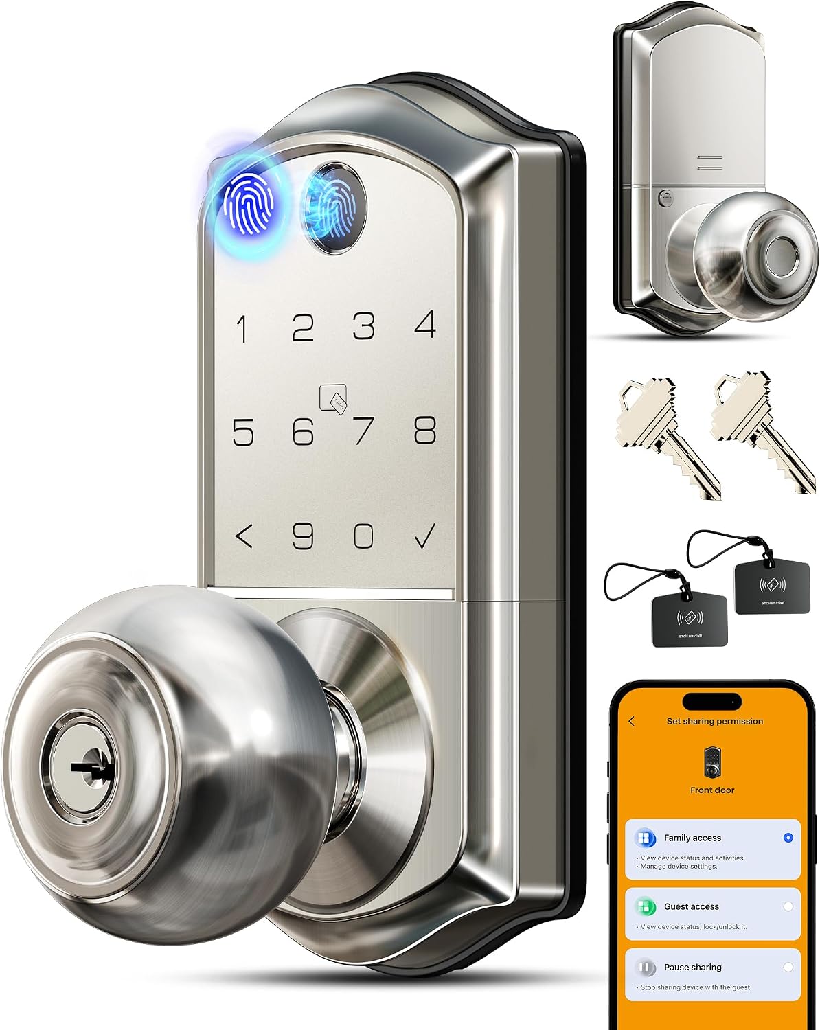 NO VIENEN LLAVES SOLO TARJETAS-Cerradura con pomo inteligente Veise VE018: huella dactilar, control por aplicación, entrada sin llave para puerta principal y dormitorio, teclado digital electrónico, bloqueo automático, acceso remoto compartido