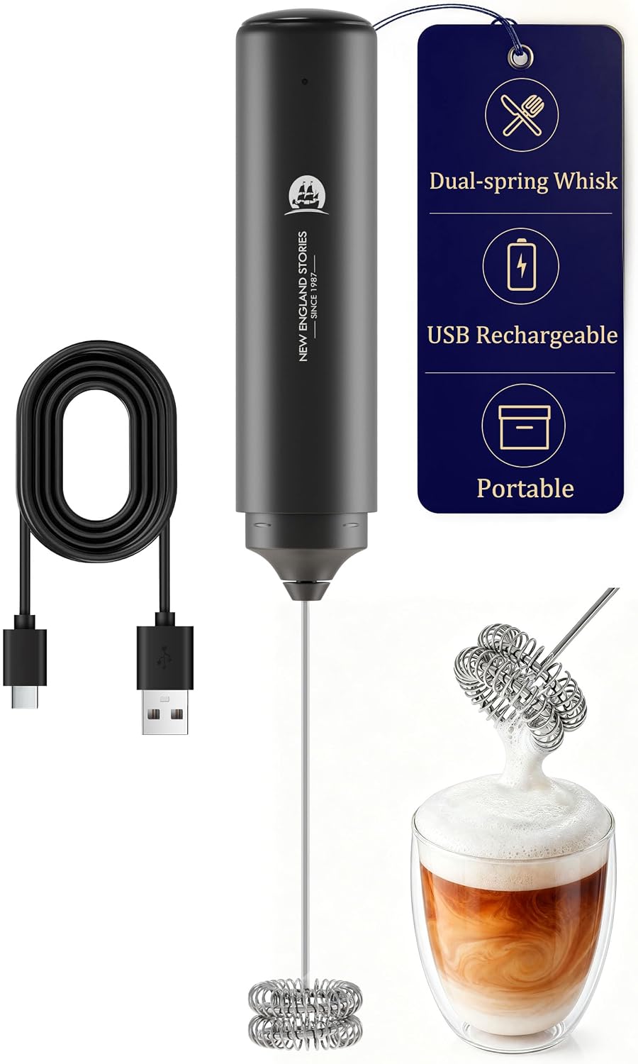 Espumador de Leche Eléctrico Recargable Portátil – Espuma Rica en Segundos, Batidor Desmontable Apto para Lavavajillas, Incluye Funda de Viaje