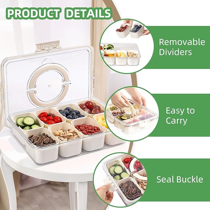Bandeja Divisoria con Tapa y Asa shopwithgreen x2 | Snackle Box Portátil | Para Charcutería, Snacks, Frutas, Nueces y Picnic
