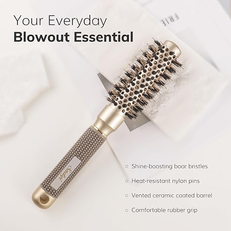 Sndyi Cepillo redondo pequeño para peinado, cepillo de cabello redondo iónico de cerámica nano térmica con cerdas de jabalí, aumenta el brillo y el volumen, para cabello corto con secado rápido