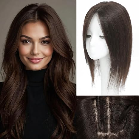 Topper de Cabello Humano Rootoo para Mujer 14" — Cubre Corona, Parte Central, Base Grande 360°, Café Oscuro