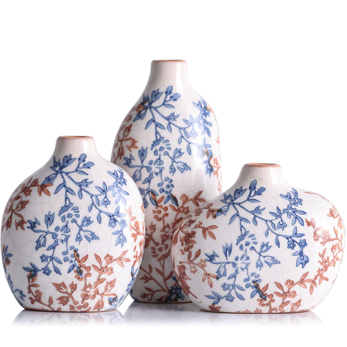 Juego de 3 jarrones pequeños de cerámica, mini jarrones para flores y hierba de la Pampa, bonita decoración elíptica estilo boho para centros de mesa de café, sala de estar, oficina, estantería, entrada (Flores azules)