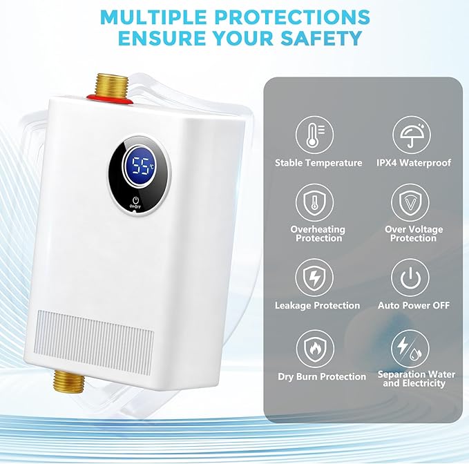 Calentador de agua eléctrico instantáneo sin tanque de 110 V, 3000 W, para debajo del fregadero, con pantalla digital