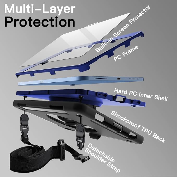 Funda Cantis para iPad 11" (A16) 2025 y iPad 10a Gen 2022 — Soporte 360°, Correa, Porta Lápiz y Protector, Azul Marino