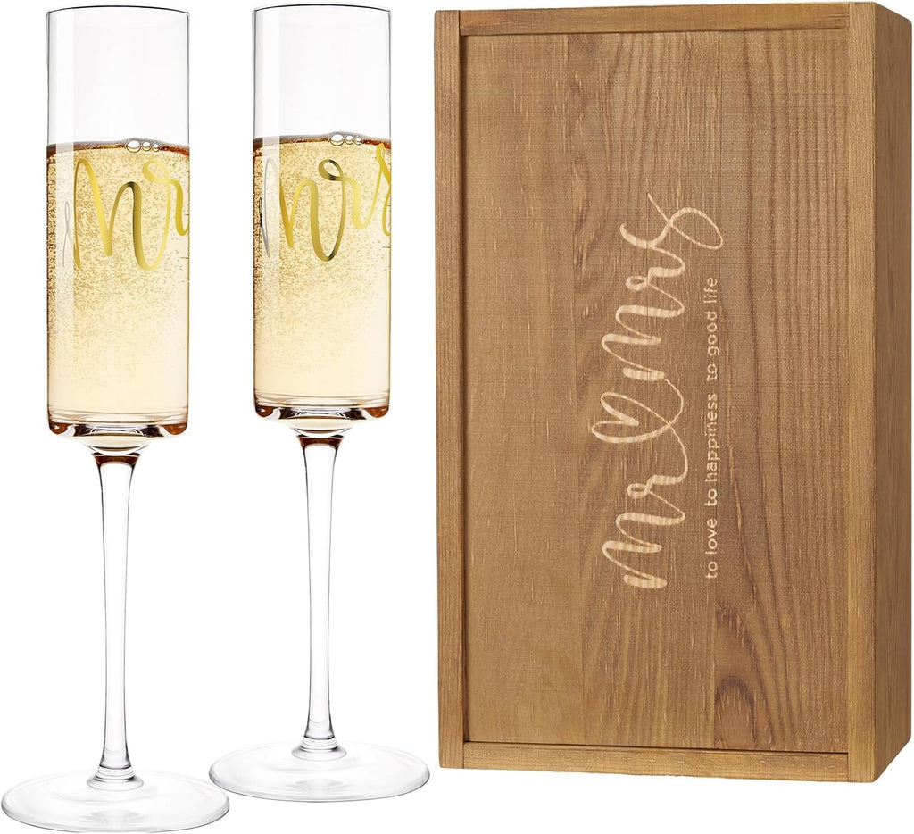 Juego de 2 copas de champán AW BRIDAL para el Sr. y la Sra., regalo de compromiso para parejas y recién casados, regalos para la despedida de soltera, juego de copas para brindar por el aniversario de bodas con caja de madera.