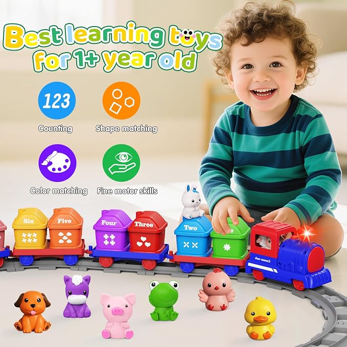 Juego de tren para niños pequeños de 2 a 4 años, juguetes para niños de 1, 2 y 3 años, juego de tren eléctrico Montessori para aprender a combinar y clasificar, juguete de aprendizaje, regalo de cumpleaños para niño y niña