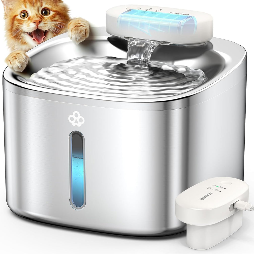 Fuente de agua inalámbrica para gatos oneisall, 3,5 L/118 oz, funciona con pilas, de acero inoxidable, dispensador de agua corriente para gatos, inalámbrica y recargable con sensor de movimiento (Hale 3,5 L).