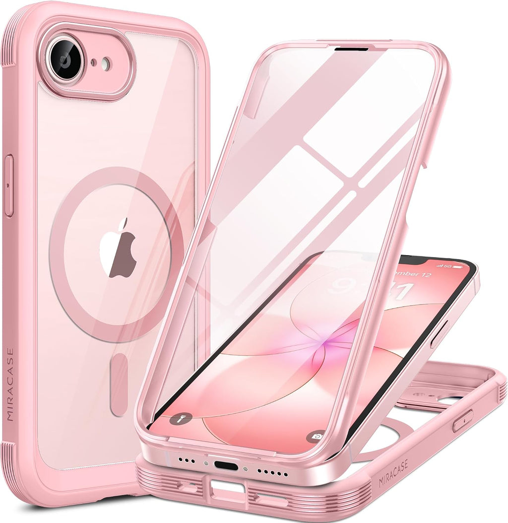 Funda Miracase para iPhone 17e y iPhone 16e, protección integral con protector de pantalla de cristal integrado, [magnética con MagSafe], resistente a caídas de grado militar, para iPhone 17e/16e, 6.1 pulgadas, color rosa.