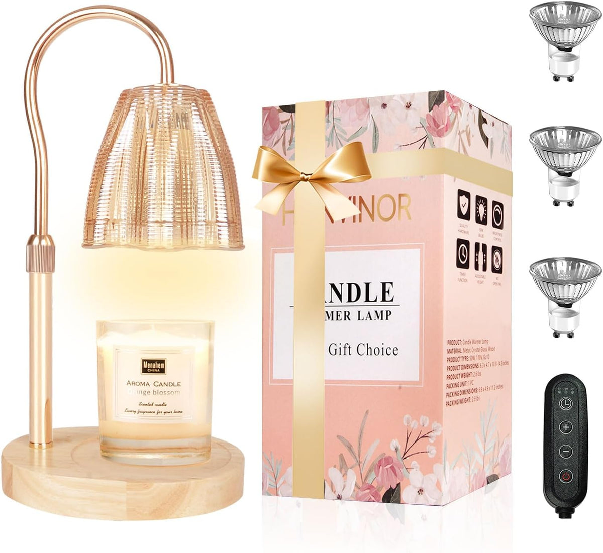 ARTICULO VIENE COMO SE MUESTRA EN LA SEGUNDA IMAGEN ) Honvinor Lampara Calentadora de Velas de Altura Ajustable | Con Temporizador y Regulador, Compatible con Velas Aromaticas en Frasco, 3 Bombillas para Decoracion