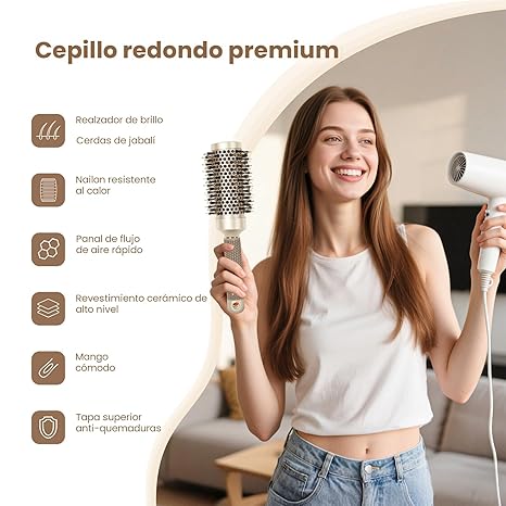AIMIKE Cepillo Redondo Cerámico Iónico 1.7" – Secado, Rizado y Brillo con Cerdas de Jabalí