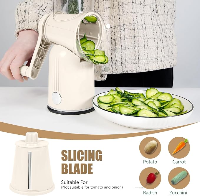 Rallador de Queso Giratorio 5 en 1 con Manivela — Base de Succión, Caja de Cuchillas, Color Blanco